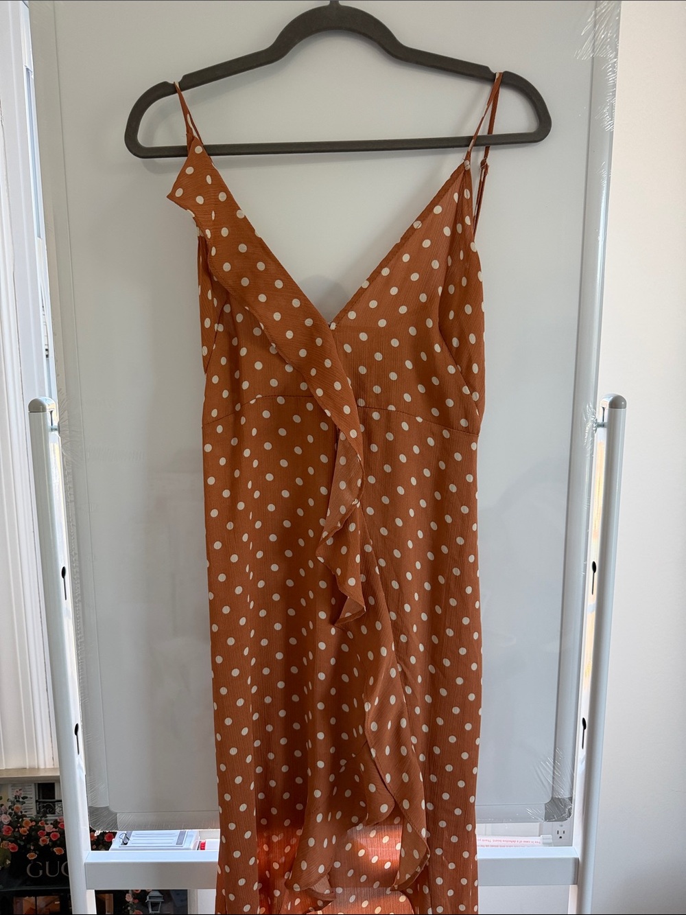 Dress Forum Rust Polka Dot Asymmetrical Ruffled Slip Dress